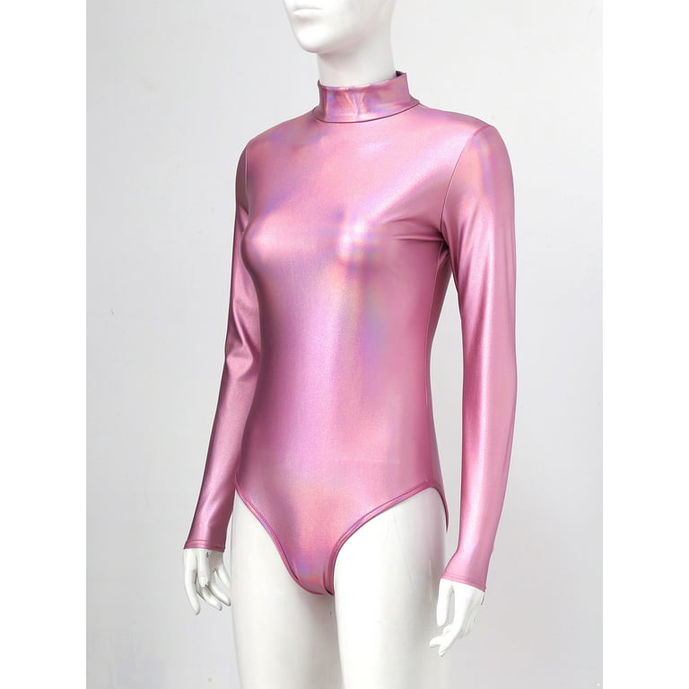 inhzoy Women Shiny Metallic Turtleneck Long Sleeves Gymnastic Dance Leotard  Bodysuit