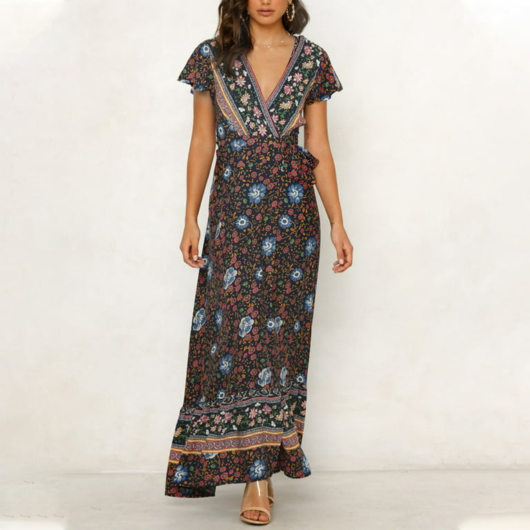 Summer Dresses for Women 2023 Short Sleeve Printing Floral Pattern Dress V-Neck  Midi Fit And Flare Daily Formal Elegant Vintage Holiday Vacation Beach  Seaside Bohemian A-Line Swing Hem Ruched Dress 