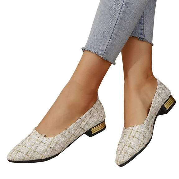 Pandaie Womens Pointed Toe Flat Ballet Flats Low Block Heel Dress Shoes Comfortable Cushioned Insole Slip on Work Office Wedding Party Casual Footwear
