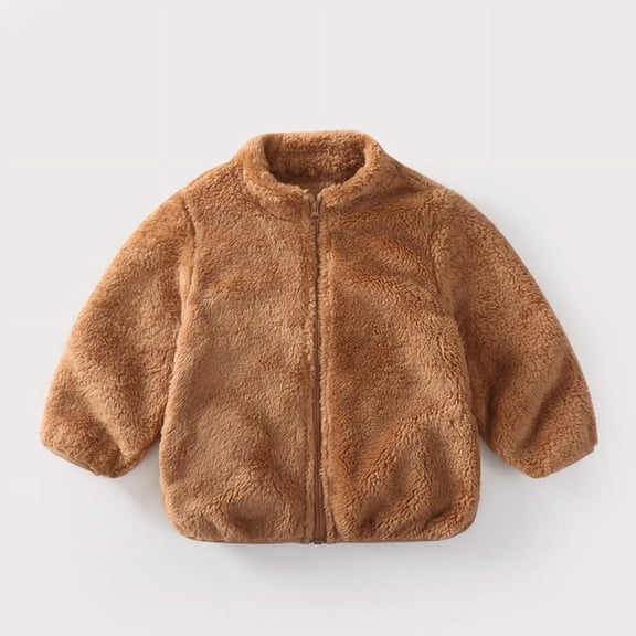absuyy Kids Winter Coats Zipper Warm Stand Up Collar Solid-color Thick Faux Fur Fleece Jacket Coat Brown Size 1-2 Years