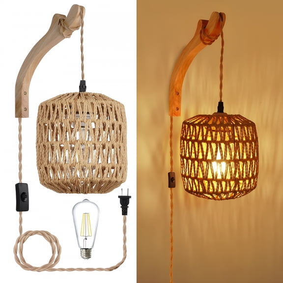 LAMIRO Plug in Cord Wall Light - Hemp Rope Cord 9.84FT Boho Wall Lamps with Switch for Living Room
