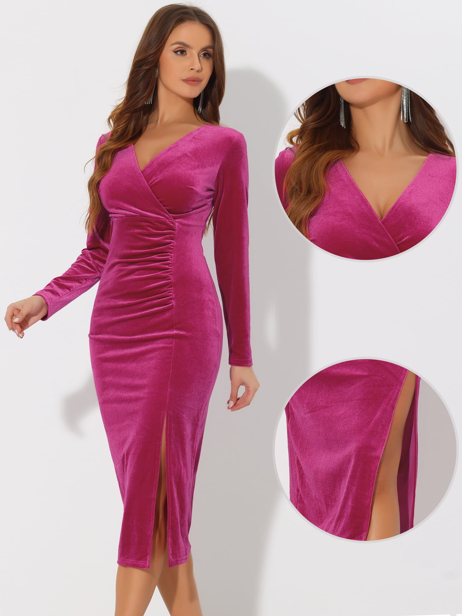 DARING DIVA Long Sleeves V Neck Wrap Ruched Split Cocktail Evening Dress
 S Hot Pink