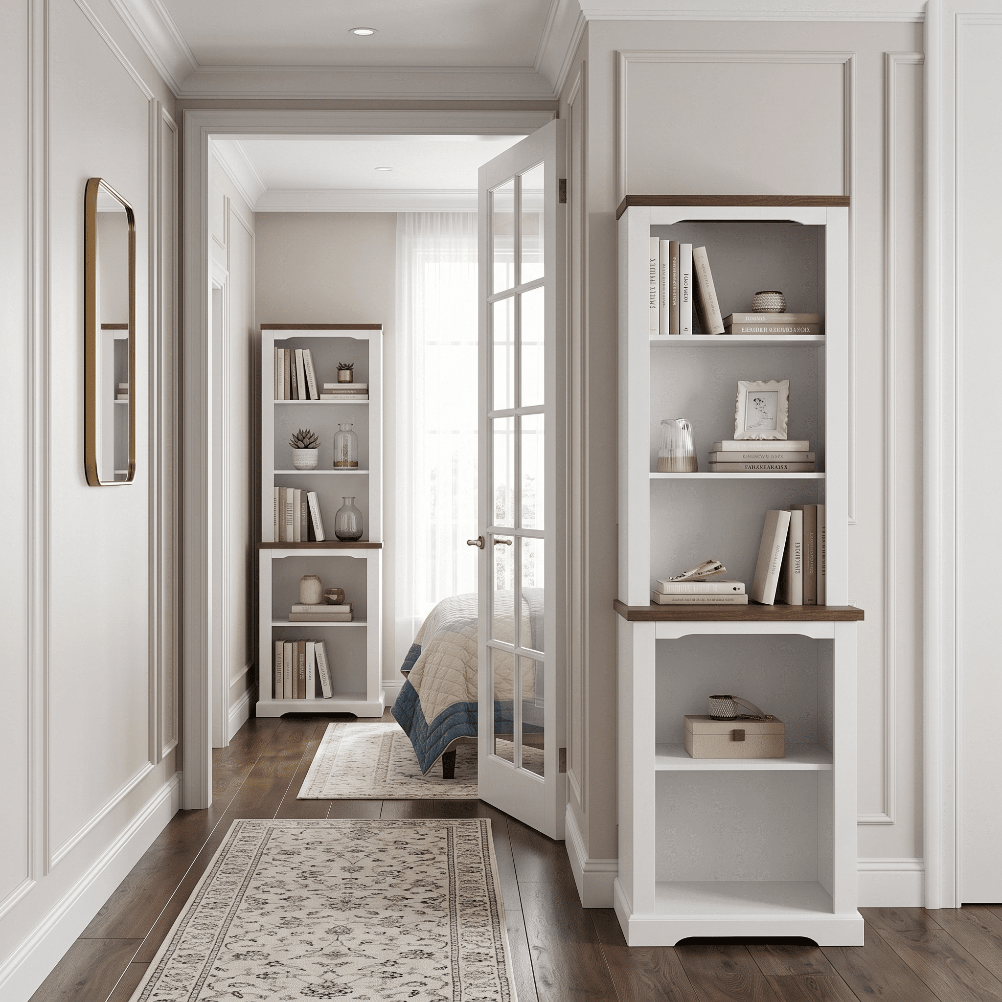 Homy Casa 66 Inch 2 Piece Storage Cabinet Set with Open Shelves and Walnut Top for Living Room White