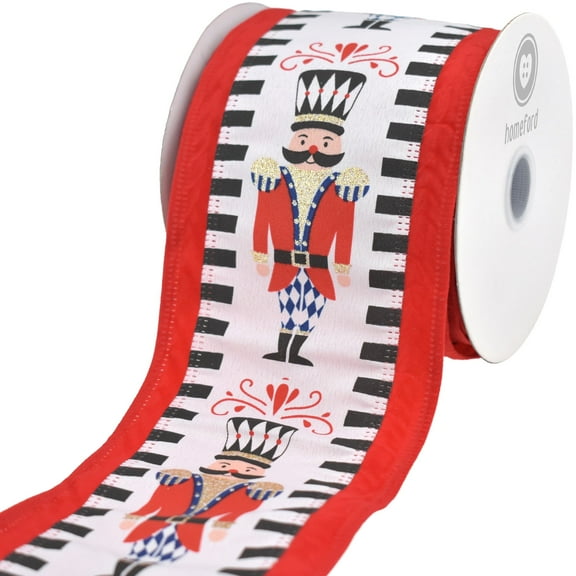 Homeford Christmas Nutcracker Dash Velvet Edge Wired Ribbon, Red, 4-inch, 10-yard
