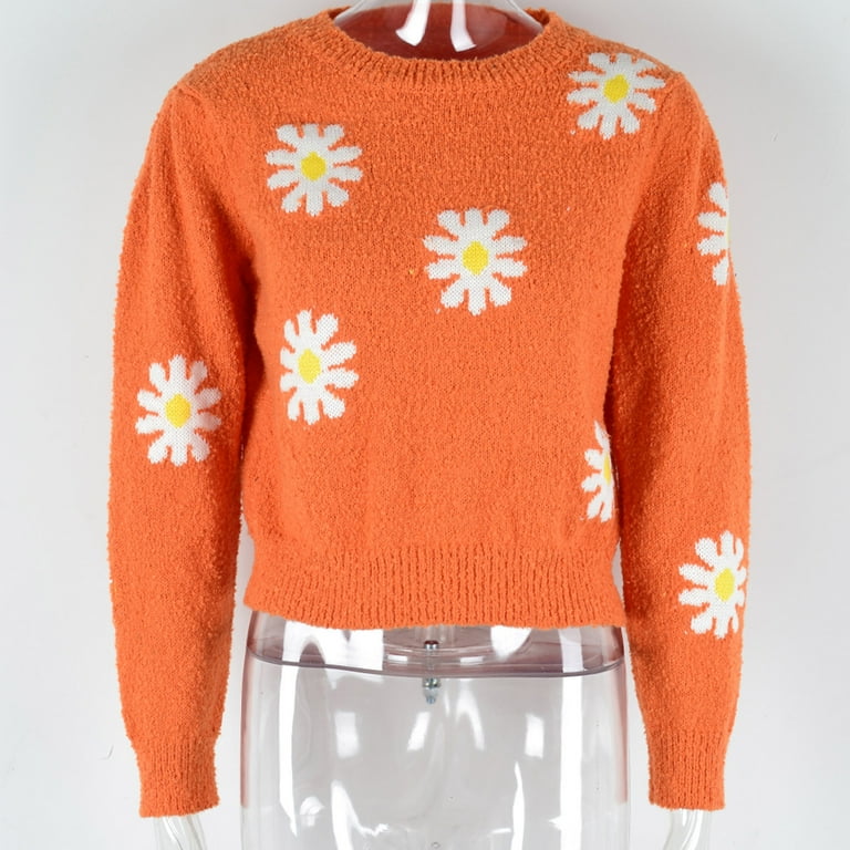 Womens Cute Daisy Print Sweaters Long Sleeve Crewneck Pullover