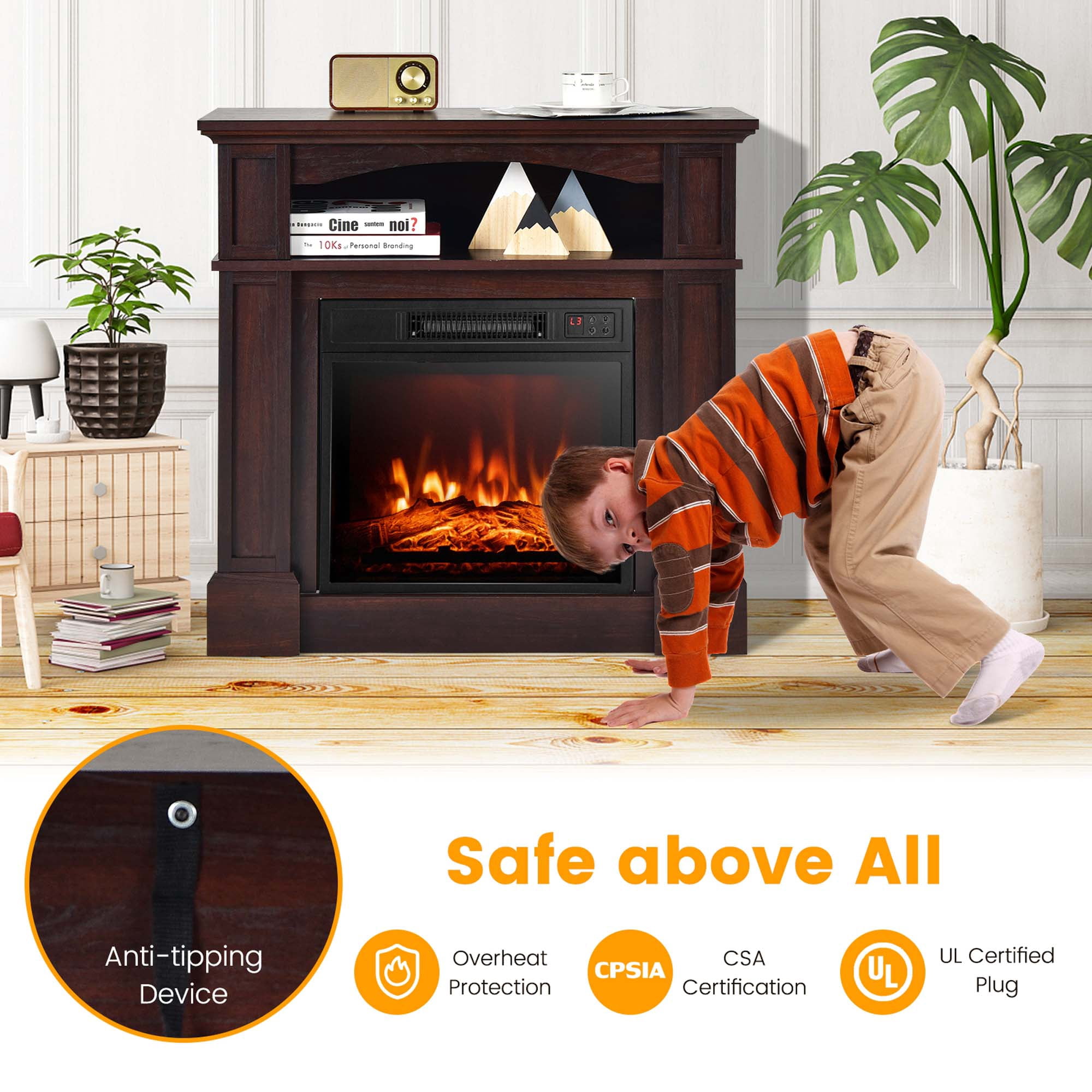 Costway 32" 1400W Electric Fireplace Mantel TV Stand Space Heater W/ Shelf Brown
