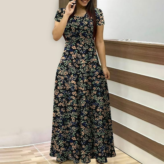 QUNYINEY Boho Dresses for Women Short Sleeve Casual A-Line Dress Empire Waist Flowy Crew Neck Maxi Sundress