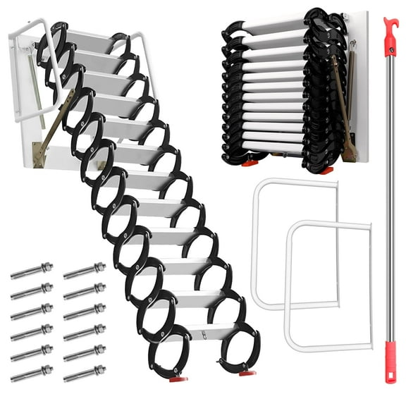 Wall-Mounted Attic Ladder 12-Steps, Al-Mg Alloy Collapsible Stairs,for Attic Retractable Attic Ladder with Armrests,Black-White
