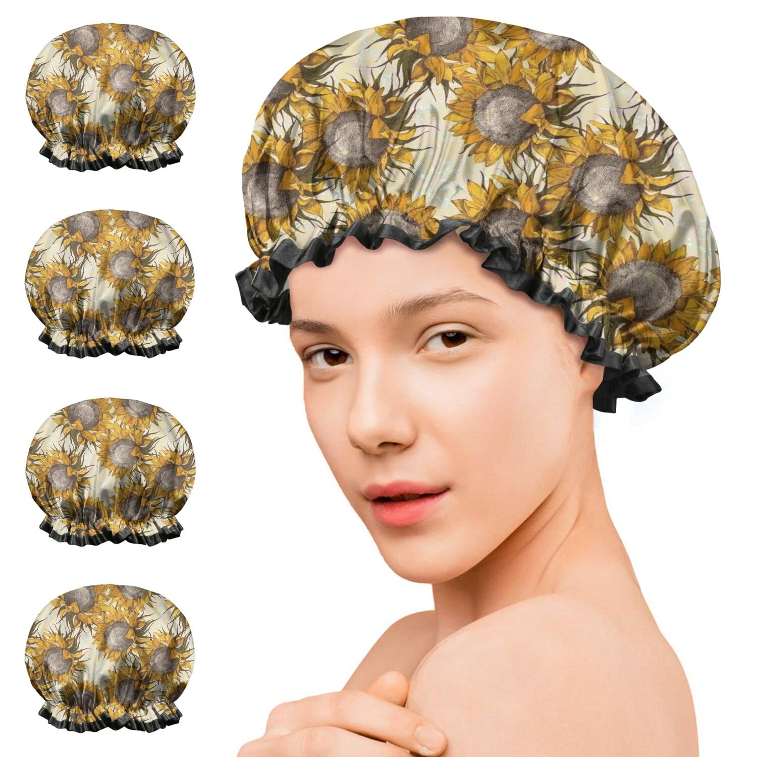 Shower Caps,Beige Sunflower Pattern Waterproof Shower Cap for Women 4 Pieces,Double Reusable Hair Cover for Shower PEVA Elastic Stretch Hem
