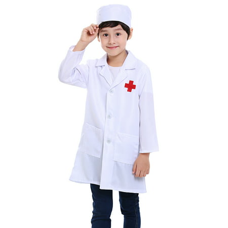 TopTie Kid's Lab Coat with Cap, For Kid Nurse or Doctor-White-4