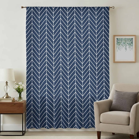 Navy Blue Geometric Sheer Curtains 72 Inches Long, Modern Pure Color Abstract Striped Light Filering Curtains, Breathable Simi Curtain Privacy Drapes for Living Room Bedroom Window Treatment