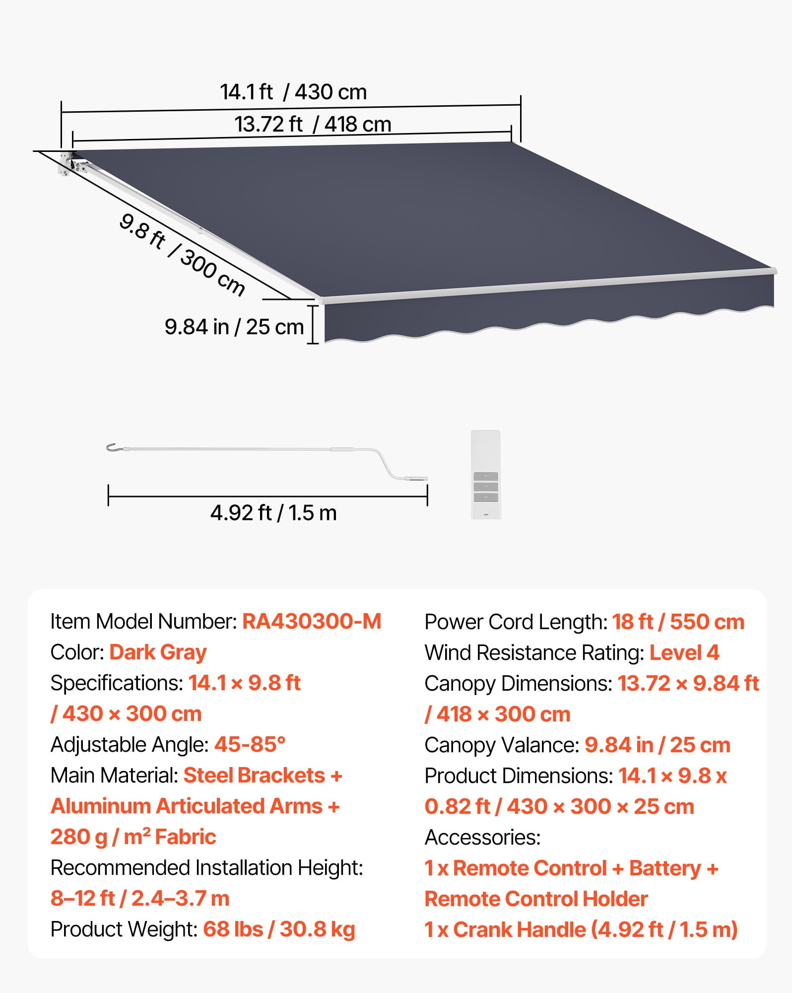 VEVOR Electric Retractable Awning, 14.1' x 9.8' Motorized Patio Awning, Sunshade Shelter with Remote Controller & Manual Crank Handle, Waterproof Polyester Fabric for Outdoor Deck, Balcony, Yard,Gray