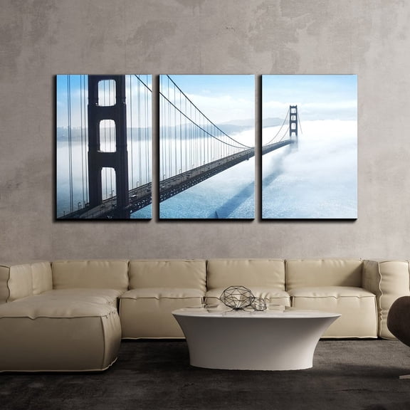 wall26 - 3 Piece Canvas Wall Art - Golden Gate Bridge in a Foggy Day - Modern Home Art Stretched and Framed Ready to Hang - 24"x36"x3 Panels