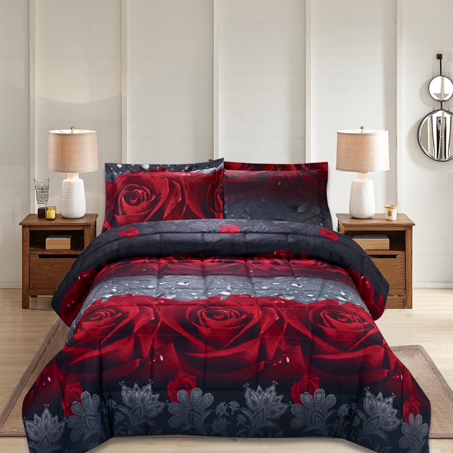New 3 Piece Red Rose Queen Size Comforter Set Bedding Black Bedspread Floral New 3 Piece Red Rose Queen Size Comforter Set Bedding Black Bedspread Floral