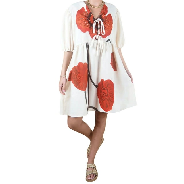 Gupgi Robe Courte Fleurie pour Femme à Manches Courtes, Robe Babydoll Fluide à Col en V, Robe Chemise Coupe Ample, Mini Robe d'Été Bohème