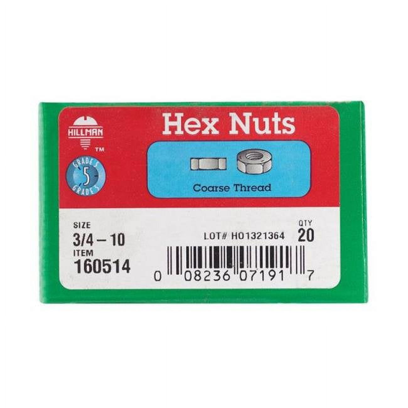 Hillman 160514 Zinc-Plated 5-Grade Steel Coarse Thread USS Hex Nut 3/4 in.-10
