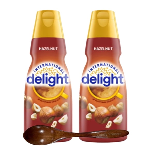 Candy Freezer Int'l Delight Shelf-stable Non-dairy Liquid Coffee Creamer.- Pack of Two (2) 32 fl oz Bottles (Hazelnut) with Wooden Spoon