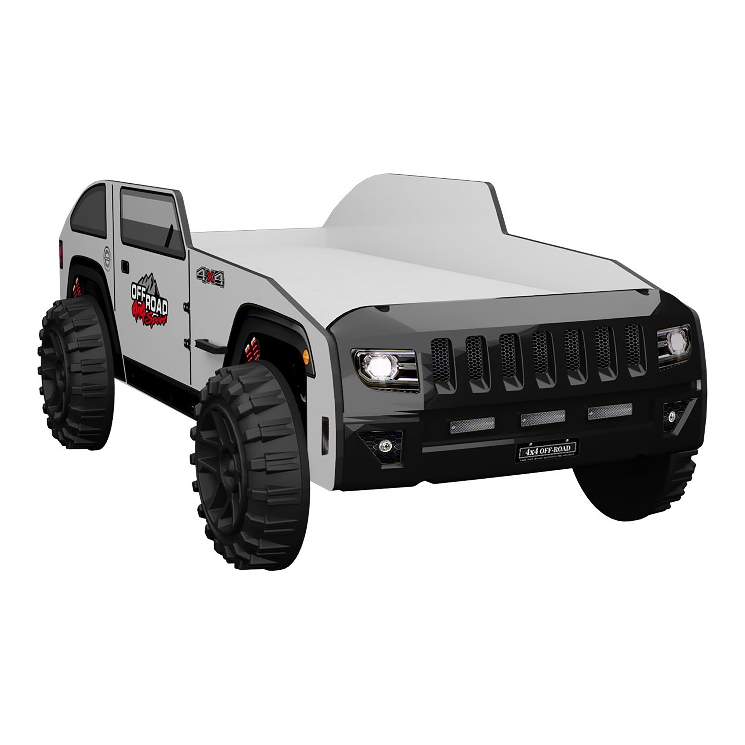 Furniture of America Adventure Kids Twin ABS Plastic Platform Bed with LED Headlights, Jeep Design, Black and White