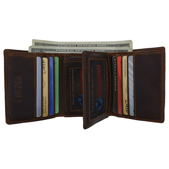 Genuine Leather Mens RFID Blocking Slim Trifold Wallet with 12 Cards 1 ID Window   2 Note Compartments.