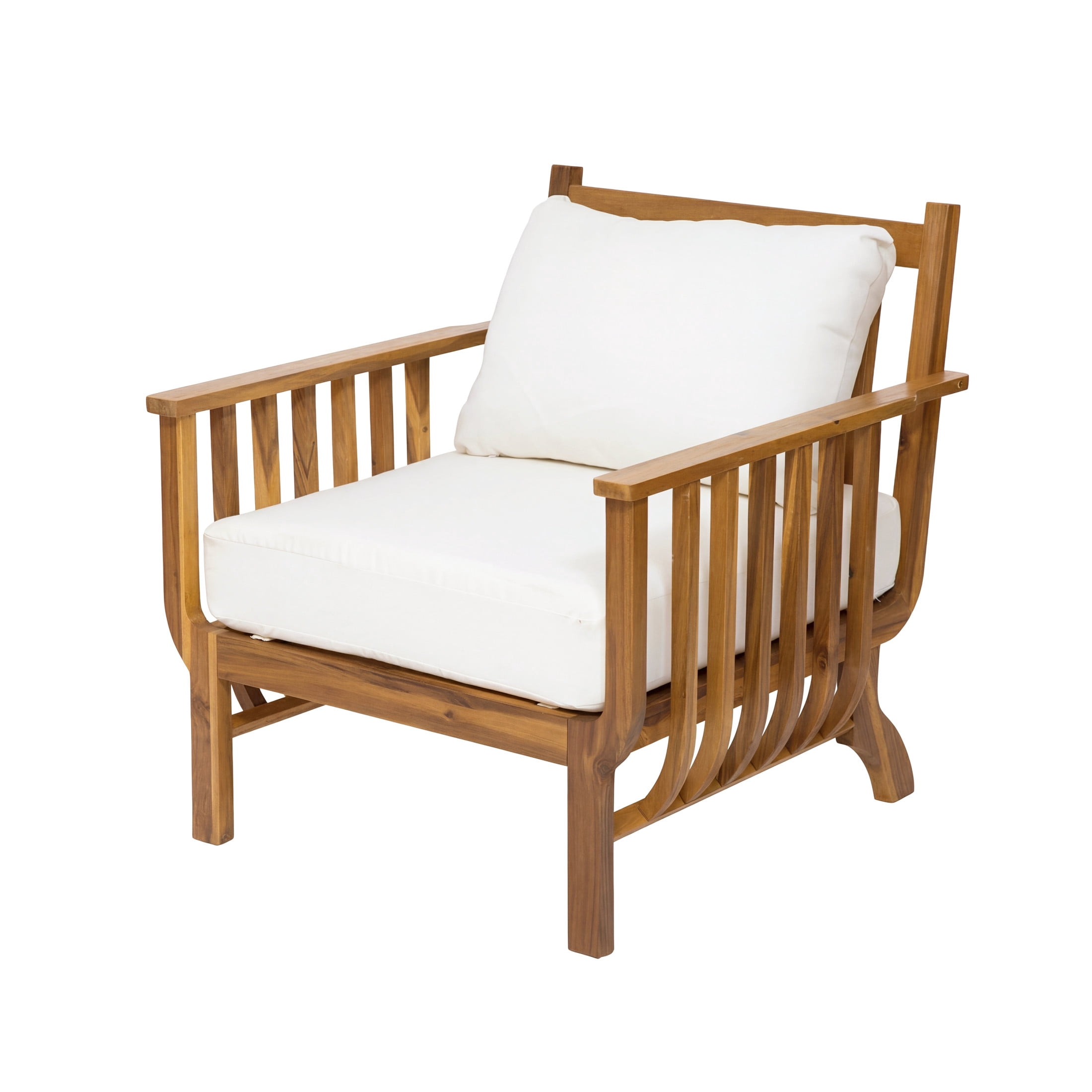 Christopher Knight Home Mid-Century Outdoor Club Chair, Acacia Wood Frame with Cushion, Natural+Beige