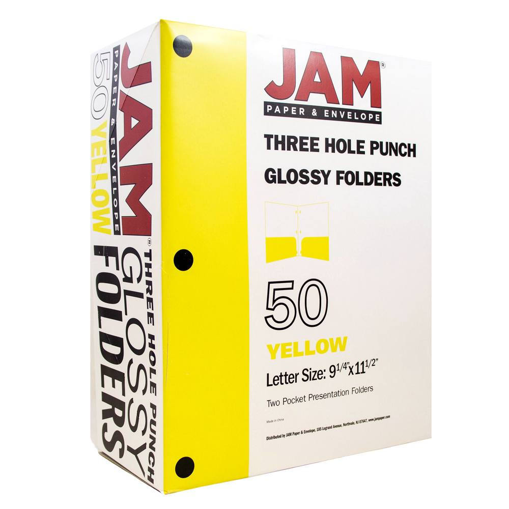 JAM Paper Glossy 3 Hole Punch Folders, Yellow, 50/Pack