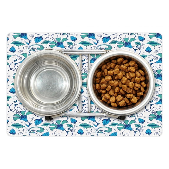 Floral Pet Mat for Food and Water, Oriental Themed Pattern of Tulips and Leaves Folkloric Swirls Rounds, Non-Slip Rubber Mat for Dogs and Cats, 18" X 12", by Ambesonne