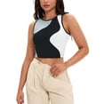 thumbnail image 1 of ATHLECHIC Camiseta sin mangas de verano de color bloque de mujer, básica, con cuello redondo, crop, negra y gris, 1 of 5