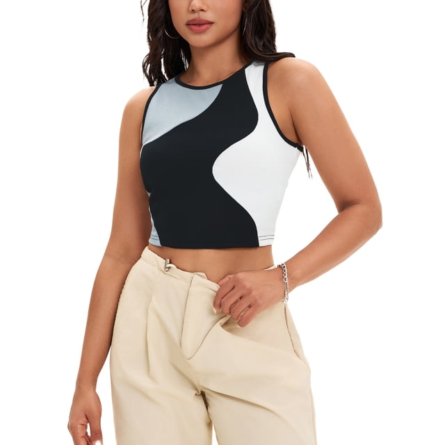 ATHLECHIC Camiseta sin mangas de verano de color bloque de mujer, básica, con cuello redondo, crop, negra y gris