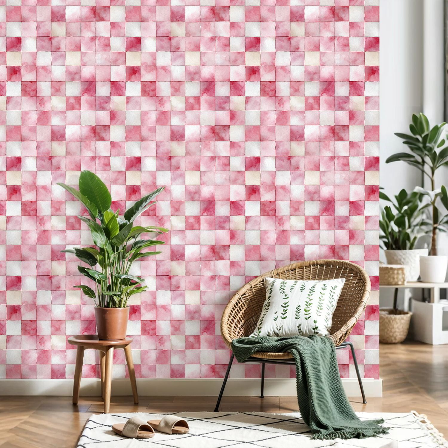 Peel and Stick Wallpaper Watercolor Pink Checkered Soft Brush Strokes 24in x 118in Contact Paper Removable Self Adhesive Wall Mural Wall Decor for Bedroom Kitchen Cabinets