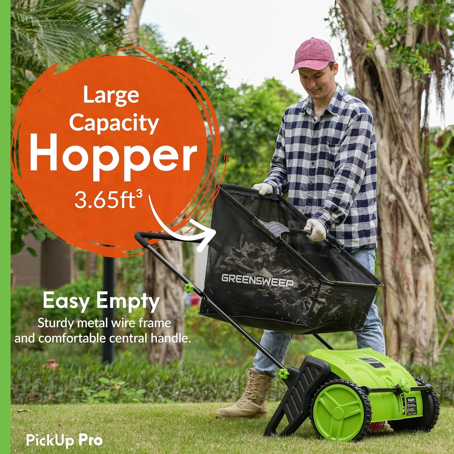 GreenSweep PickUp Pro 2 Leaf & Lawn Sweeper, Push Powered Manual Yard Sweeper with 3.65 ft³ Hopper and Tool-Free Height Adjustment