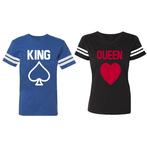 King Queen Poker Matching Couple Cotton Jerseys (Men Royal / Women Black) (Men S / Women S)