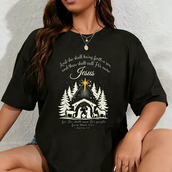 100% Cotton Jesus Christian Christmas Xmas Tree Family Pajamas Holiday T-Shirt