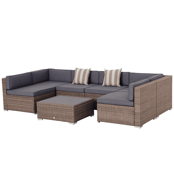 Outsunny 7 Piece Patio Furniture Set, PE Rattan Outdoor Conversation Set with Sectional Sofa, Slatted WPC Tabletop, Cushions and Pillows for Garden, Lawn, Deck, Dark Beige and Grey