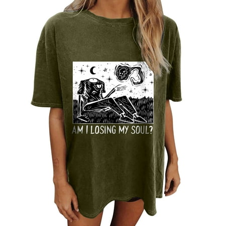 

Workout Tops for Women Going Out Tops for Women Women s Fashion Vintage Drop Sleeves Skull Skeleton Short Sleeve Tops Blouse Western Shirts for Women on Clearance Workout Shirts for Women Green S