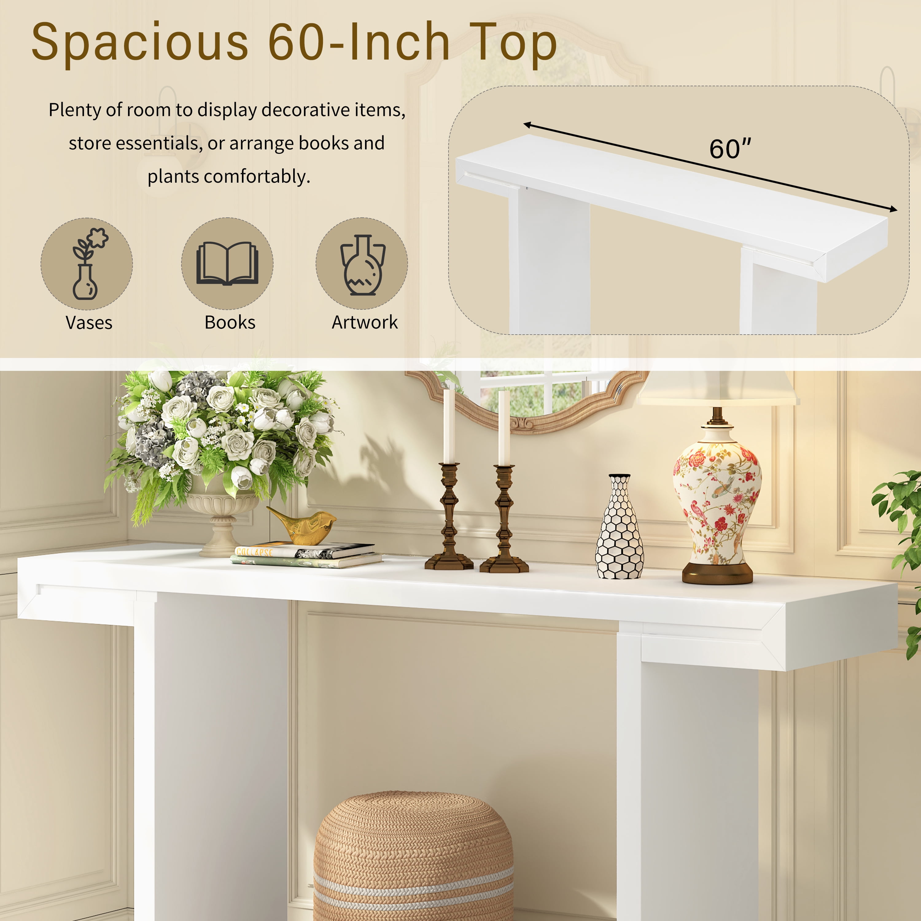 Euroco 60 Inch Long Console Table, Modern Entryway Table with Adjustable Feet & Painted Finish, Suitable for Living Room, Hallway,Entryway,Foyer,White