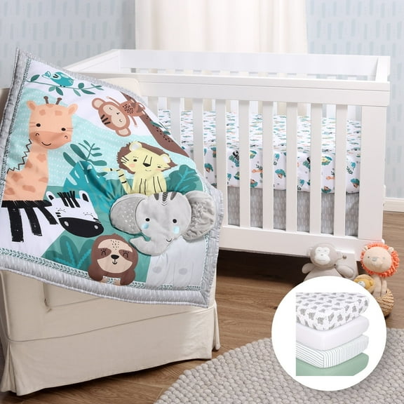 The Peanutshell Safari Adventures 7 Piece Baby Nursery Crib Bedding Set, Quilt, Crib Sheets, Crib Skirt