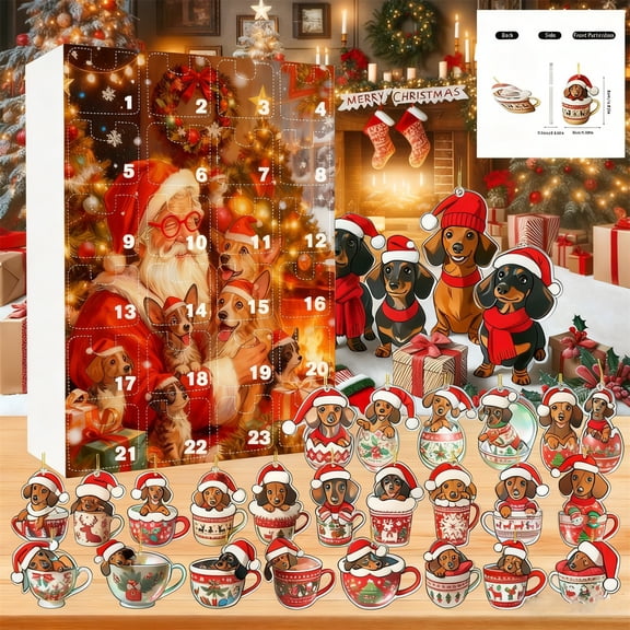 1PC 2D Dachshund in Tea Cup Advent Calendar Acrylic Set, Miniature Christmas Countdown Blind Box Gift for Home Decor Collectors
