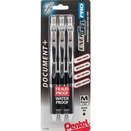 EnerGel PRO Retractable Liquid Gel Ink Pens Medium Pen Point - 0.7 mm Pen Point Size - Refillable - Retractable - Black Gel-based Ink - Black Stainless Steel Barrel - Metal Tip - 3 / Pack