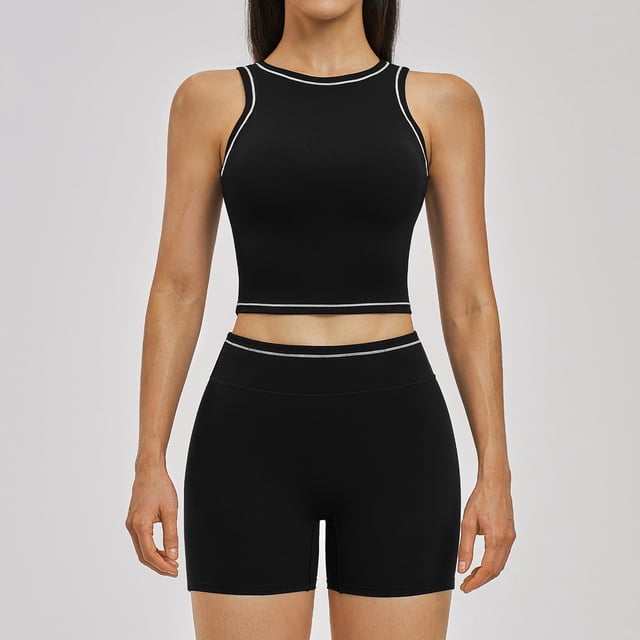 AEXTO Women 2 Piece Workout Sets Racerback Color Block Tank Top High Waist Tummy Control Shorts Yoga Set