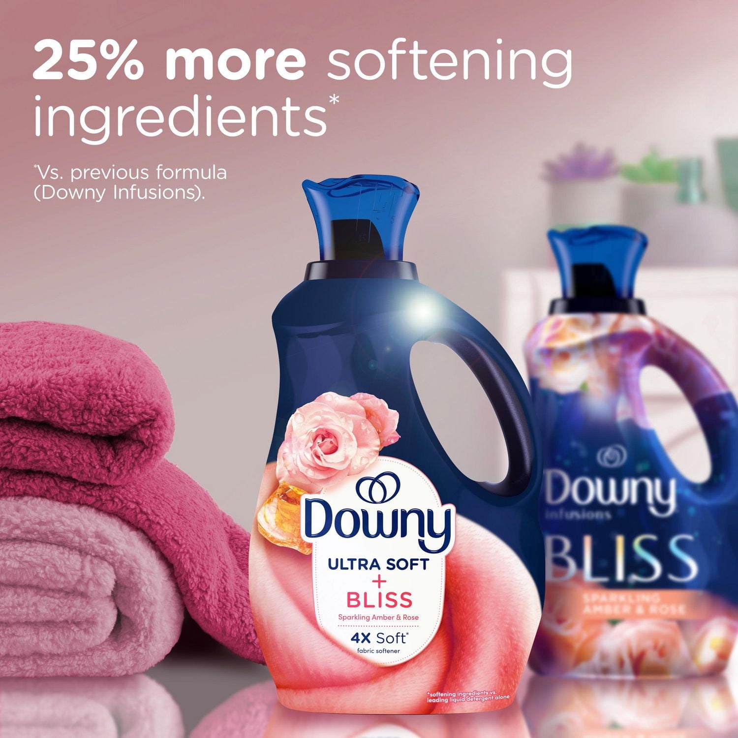 Assouplissant textile liquide Downy Infusions Bliss, parfum Ambre étincelant et rose 120 brassés, 2,4 L
