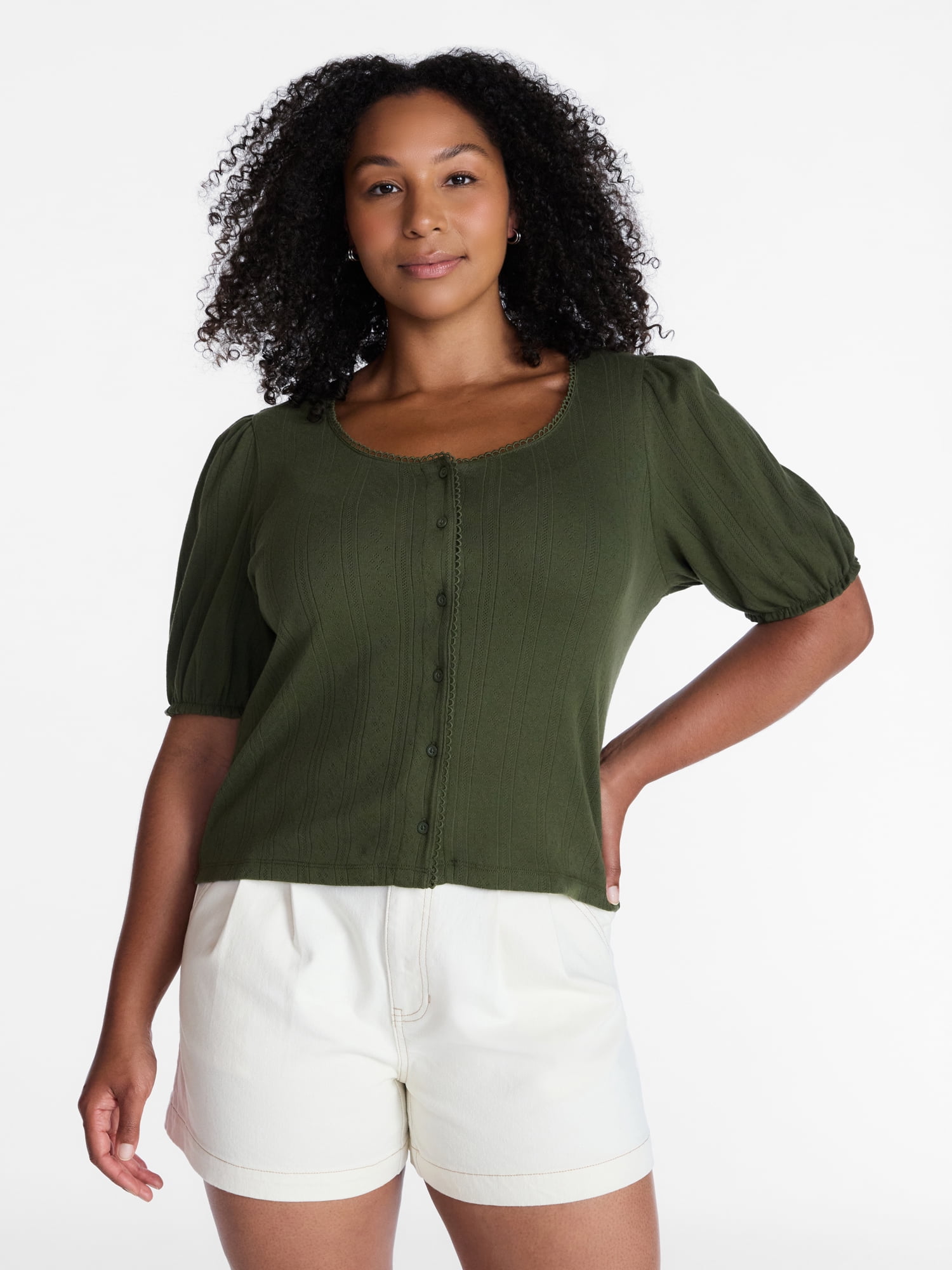 Time and Tru Women's Pointelle Top with Short Sleeves, Sizes XS-XXXL