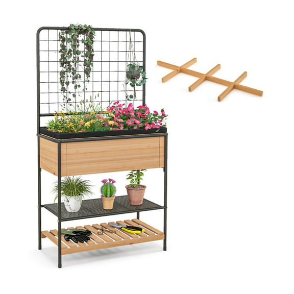 Spaco Raised Garden Bed with Trellis 2-tier Storage Shelves-Natural, Outdoor Elevated Flower Box for Backyard/Patio/Gardener