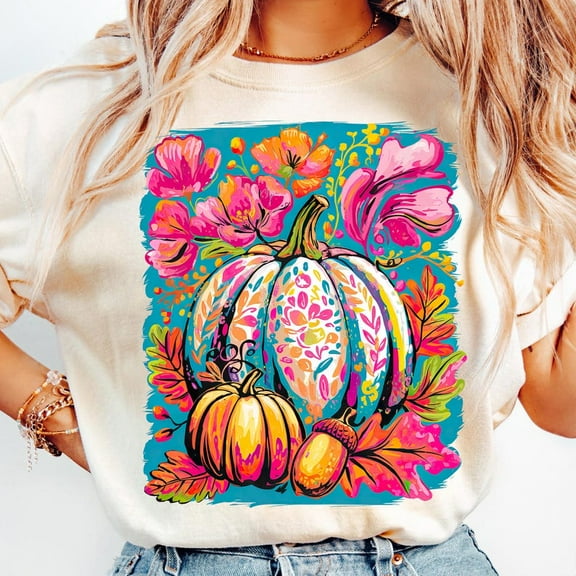 Fall Floral Pumpkin T-Shirt for Women, Boho Pink Autumn Vibes Graphic Tee, Preppy Brushstroke Pumpkin Season Shirt Design