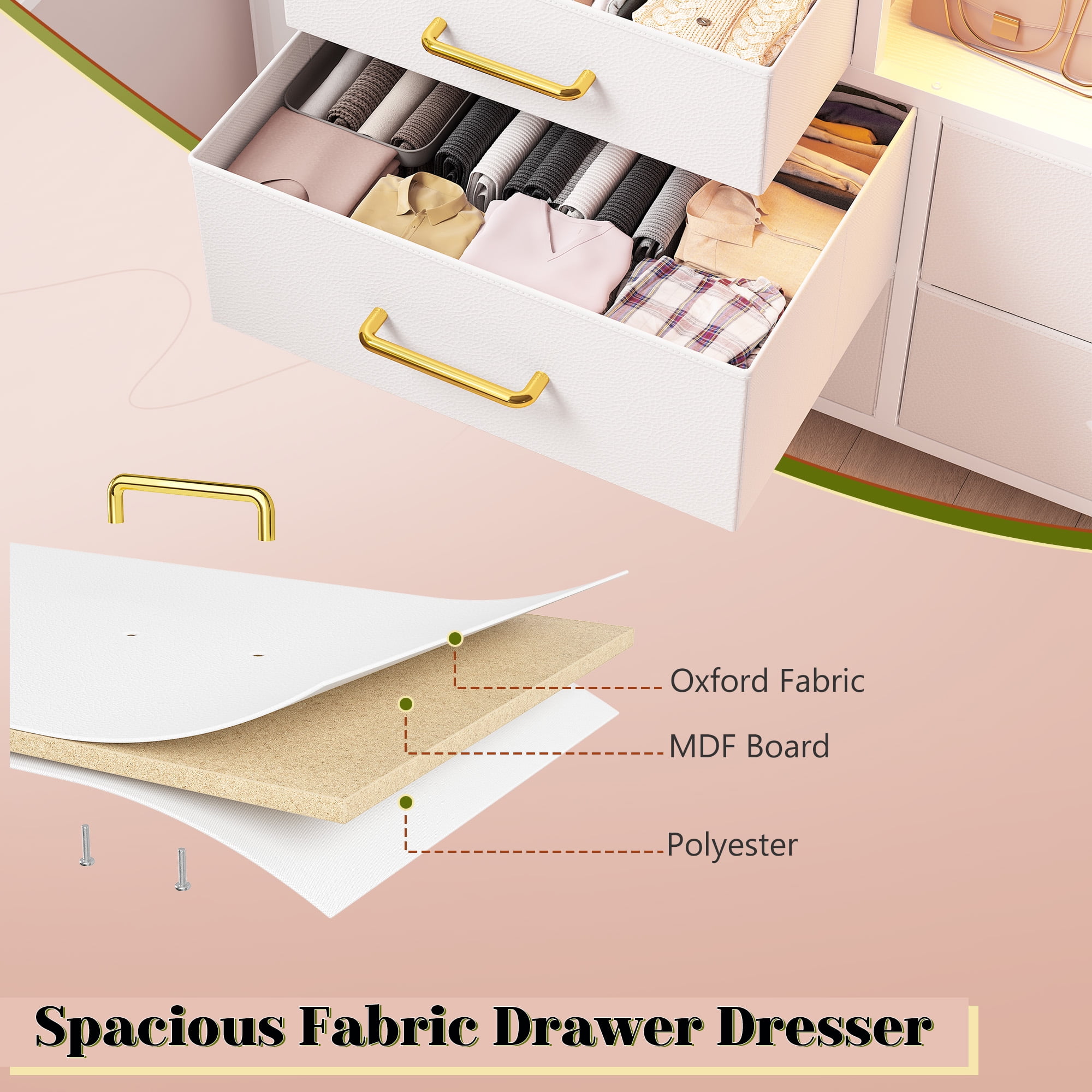 EnHomee White Dressers for Bedroom with LED Lights TV Stand with Power Outlet for 55'' TV with 12 Fabric Drawers