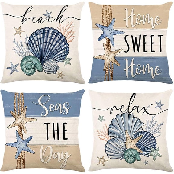 Beach Coastal Pillow Covers 18 x 18, Seashell Starfish Ocean Theme Decorative Pillow Covers, Home Sweet Home Throw Pillow for Cushion Sofa Bed Home Decor
