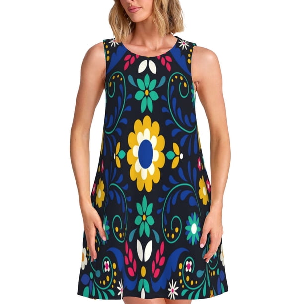Balery Colorful Mexican Flower Vestidos de verano para mujer con estampado: vestido holgado sin mangas, vestido playero informal y cómodo para días calurosos.
