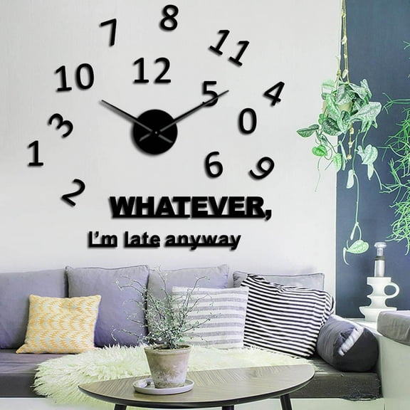 Whatever I'm Late Anyway Inspirational Quote Wall Art Large Numbers DIY Wall Clocks Living Room Wall Watch Procrastinators Gifts(Black,27inch)