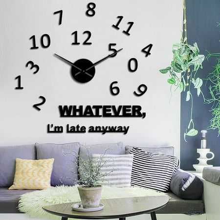 Whatever I'm Late Anyway Inspirational Quote Wall Art Large Numbers DIY Wall Clocks Living Room Wall Watch Procrastinators Gifts(Black,27inch)