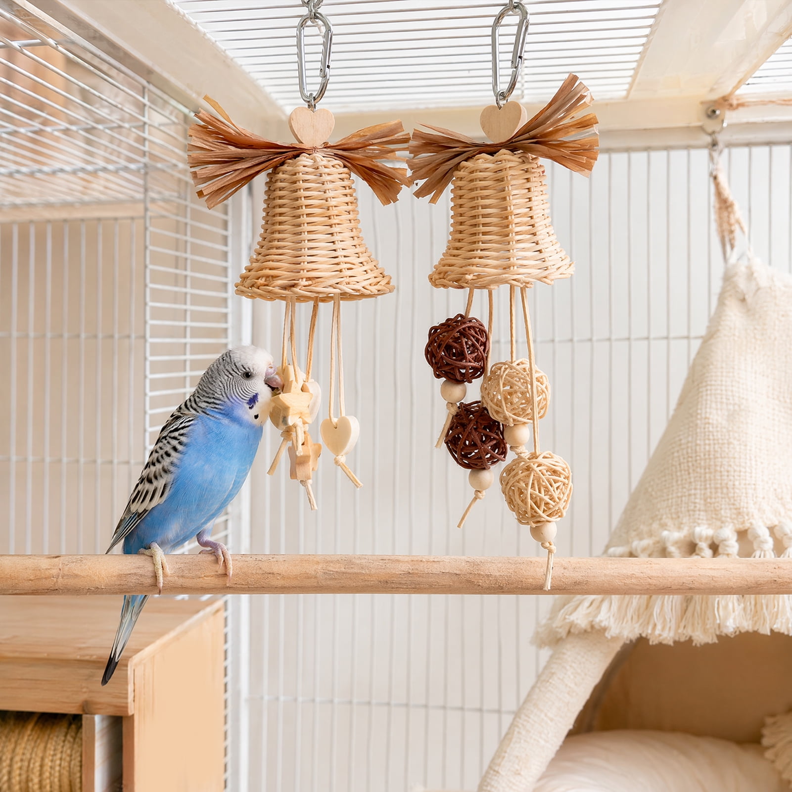 mdesiwst Rattan Woven Parrot Toy, Rattan Bell Bird Chew Toy, Parrot Chewing Toy with Bells or Rattan Balls, Cage Accessories for Cockatiels Budgies Small Medium Parrots