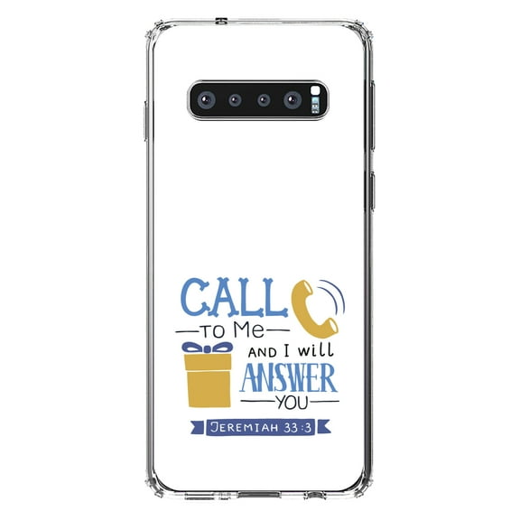 DistinctInk Clear Shockproof Hybrid Case for Samsung Galaxy S10 (6.1" Screen) - TPU Bumper, Acrylic Back, Tempered Glass Screen Protector - Jeremiah 33:3 - Call to Me and I Will Answer